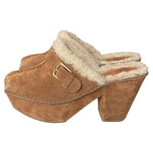 VTG 90s KORS Michael Kors Suede Leather Sherpa-Lined Heeled Clog Mules Brown 7